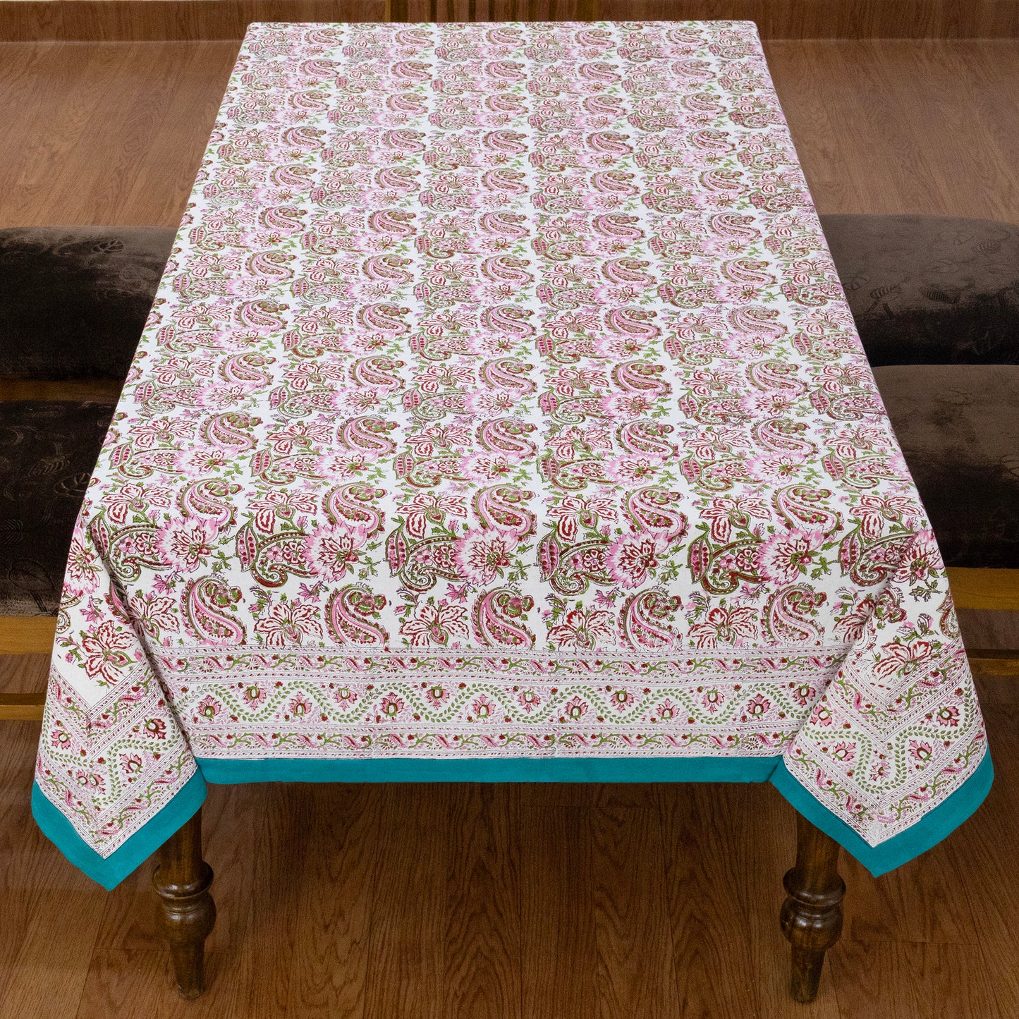 Pink and Green Block Print Cotton Tablecloth, Handmade Indian Rectangle Table Linen - My Store