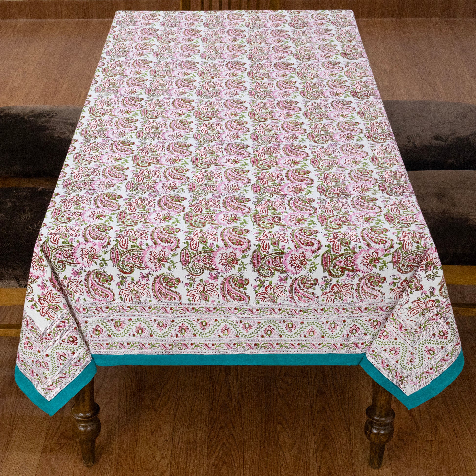 Pink and Green Block Print Cotton Tablecloth, Handmade Indian Rectangle Table Linen - My Store