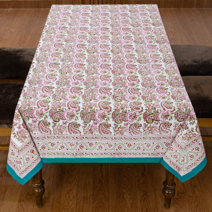 Pink and Green Block Print Cotton Tablecloth, Handmade Indian Rectangle Table Linen - My Store