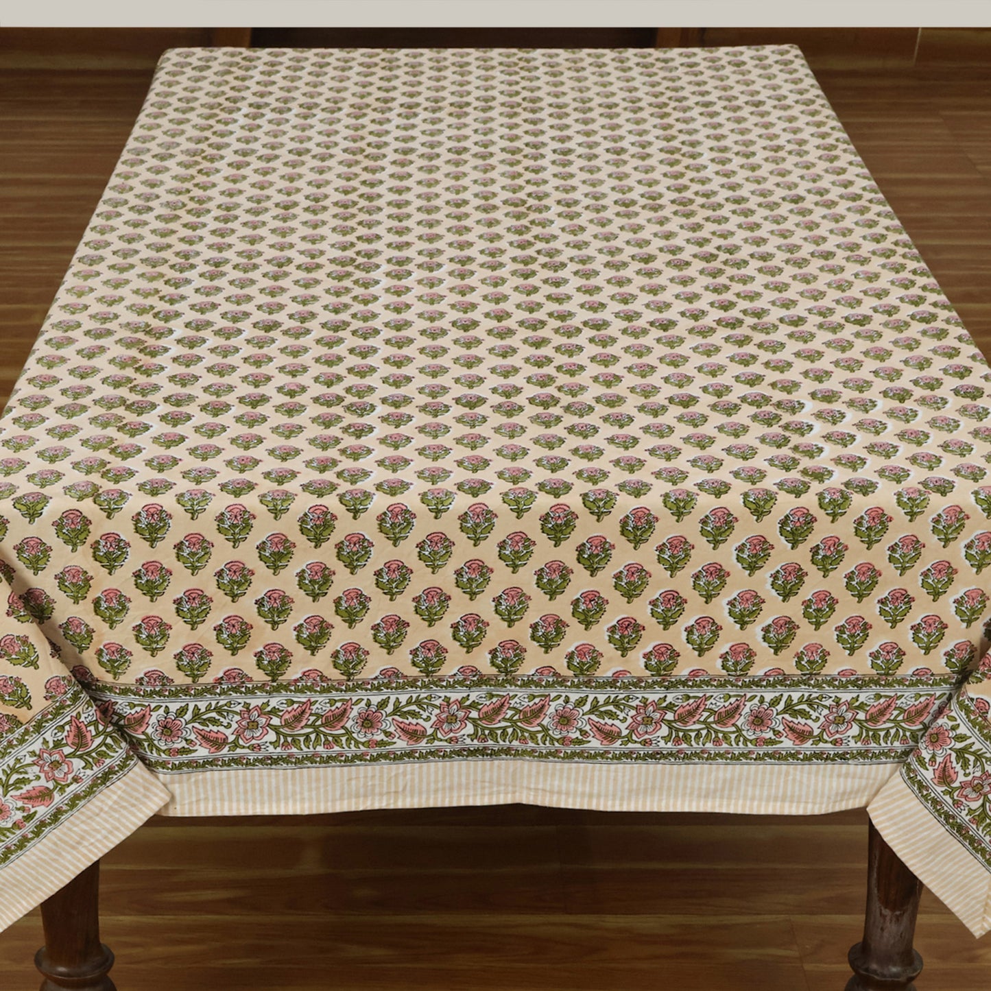 Hand Block Printed Floral Pink Orange Cotton Rectangle Tablecloth - My Store