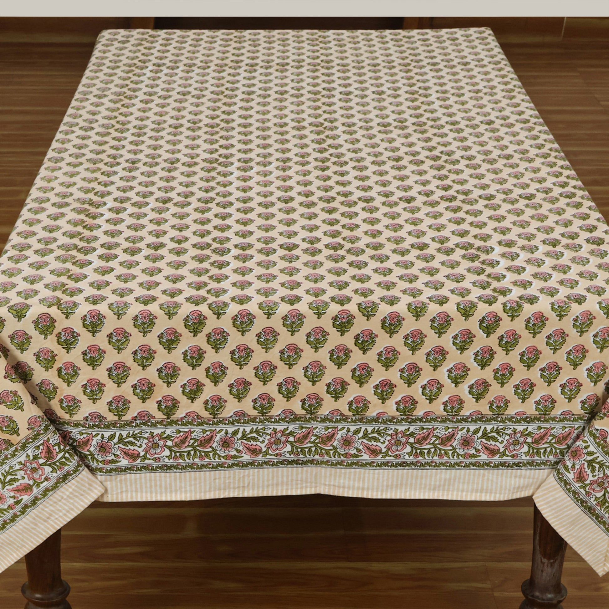 Hand Block Printed Floral Pink Orange Cotton Rectangle Tablecloth - My Store