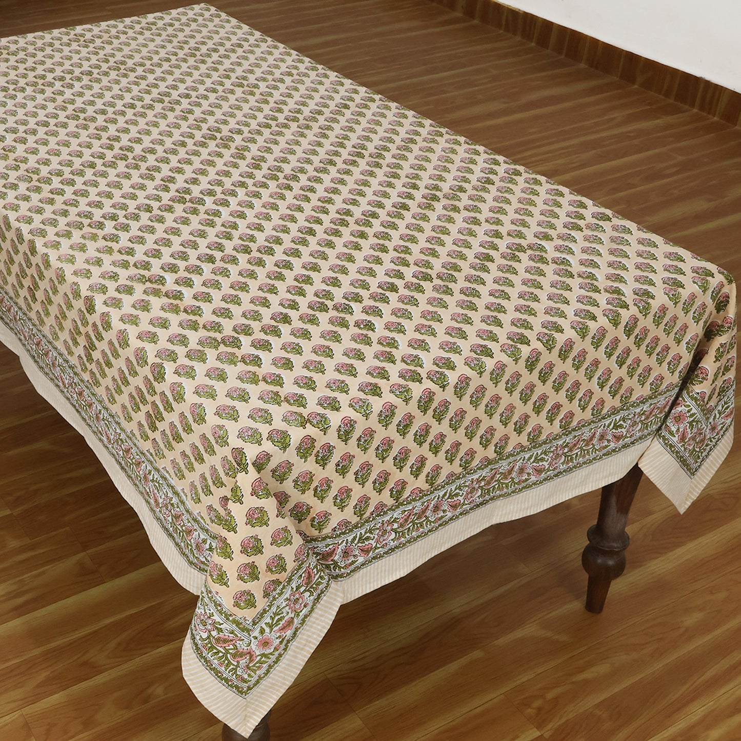 Hand Block Printed Floral Pink Orange Cotton Rectangle Tablecloth - My Store