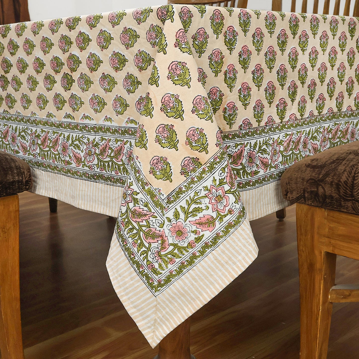 Hand Block Printed Floral Pink Orange Cotton Rectangle Tablecloth - My Store