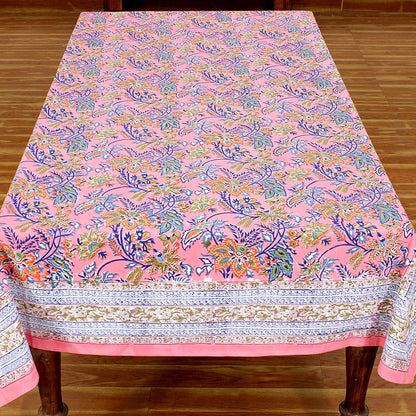 Pink and Blue Indian Block Floral Print 100% Pure Cotton Cloth Tablecloth - My Store