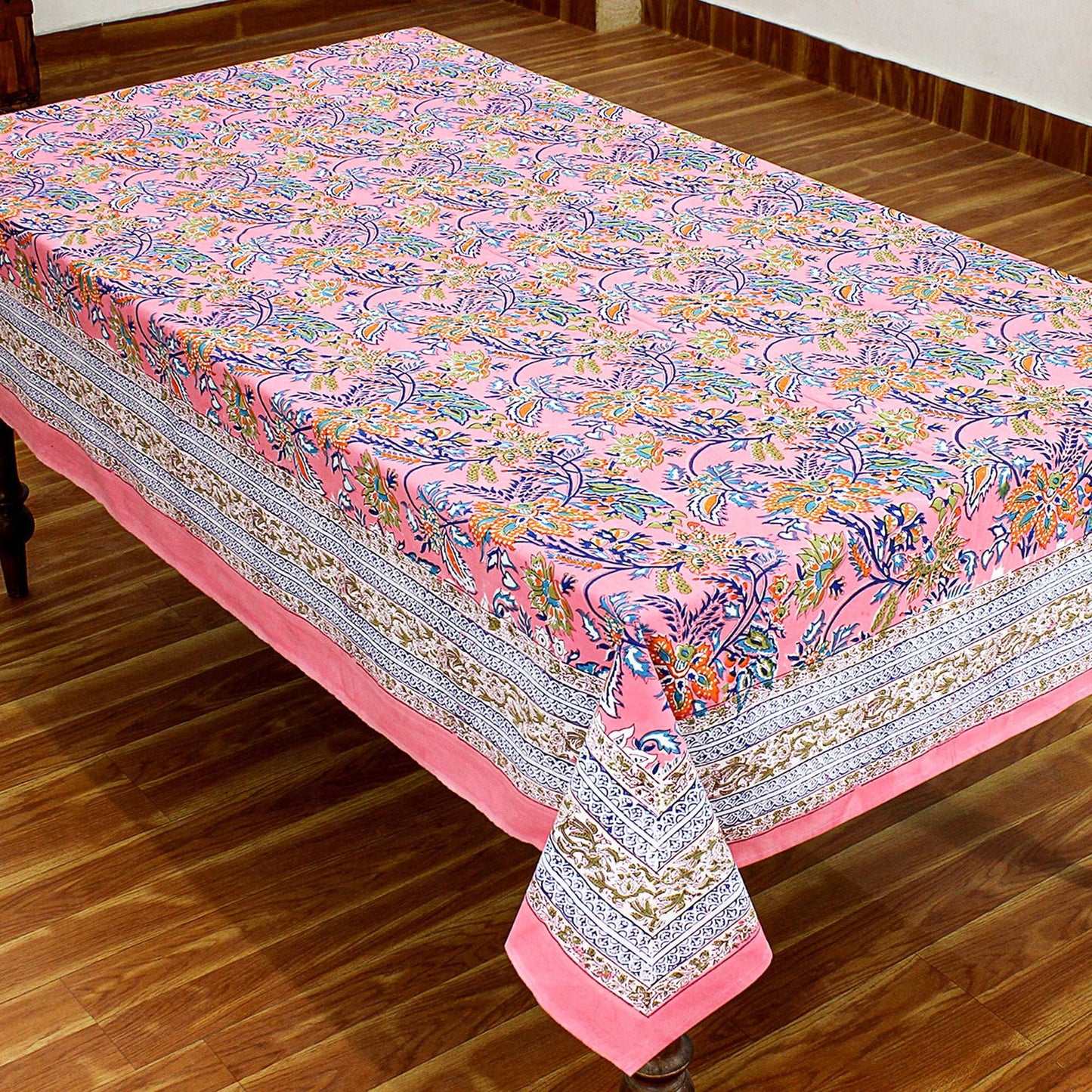 Pink and Blue Indian Block Floral Print 100% Pure Cotton Cloth Tablecloth - My Store