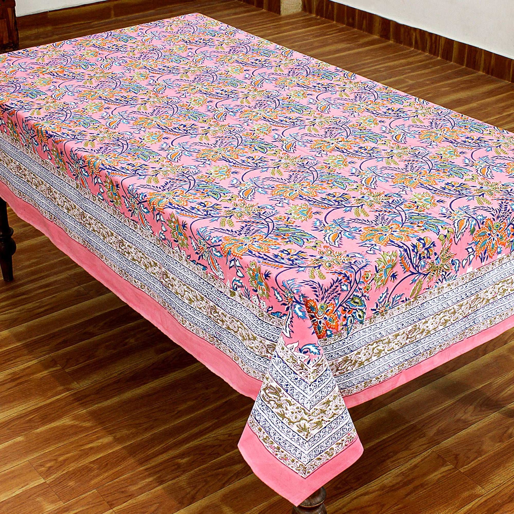 Pink and Blue Indian Block Floral Print 100% Pure Cotton Cloth Tablecloth - My Store