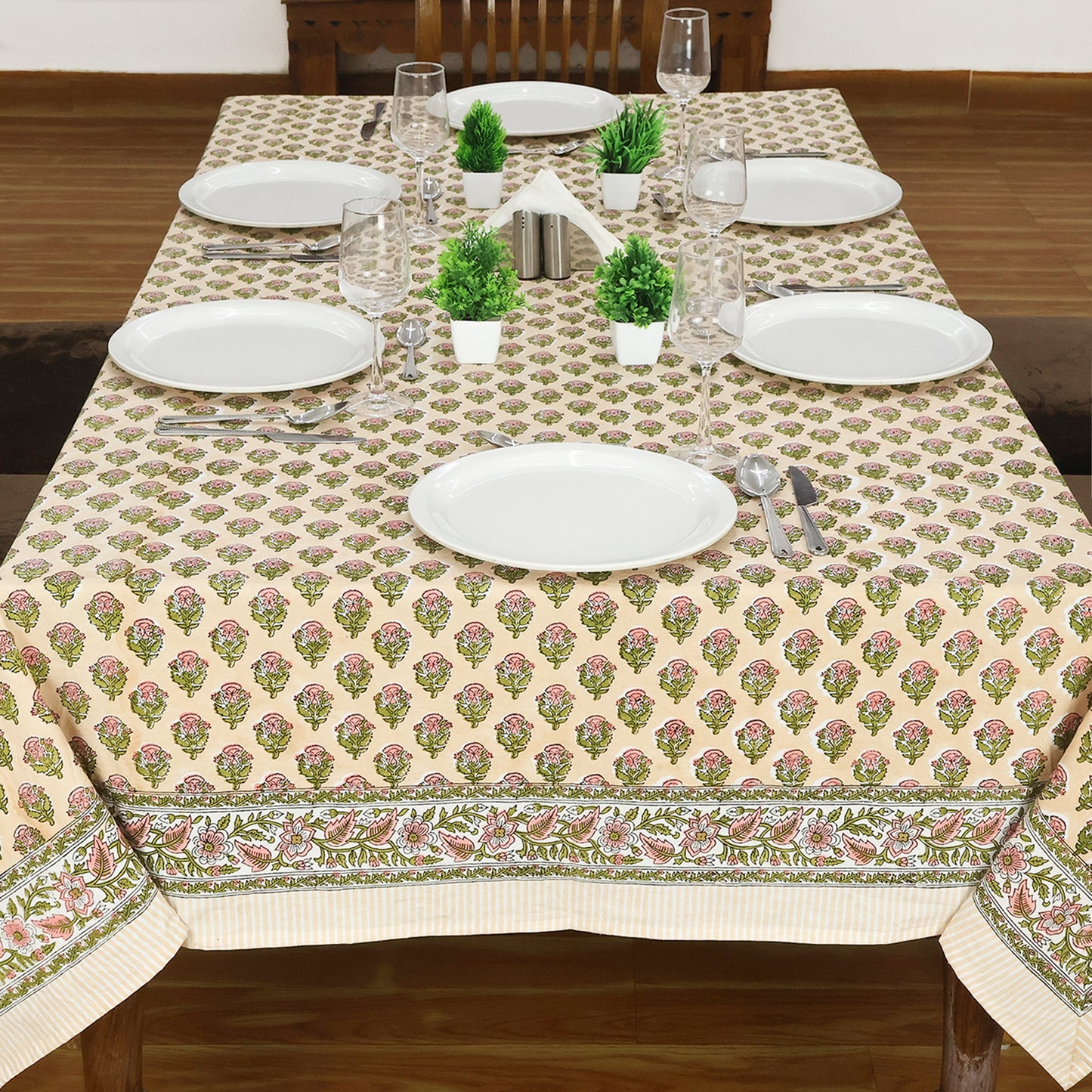 Hand Block Printed Floral Pink Orange Cotton Rectangle Tablecloth - My Store