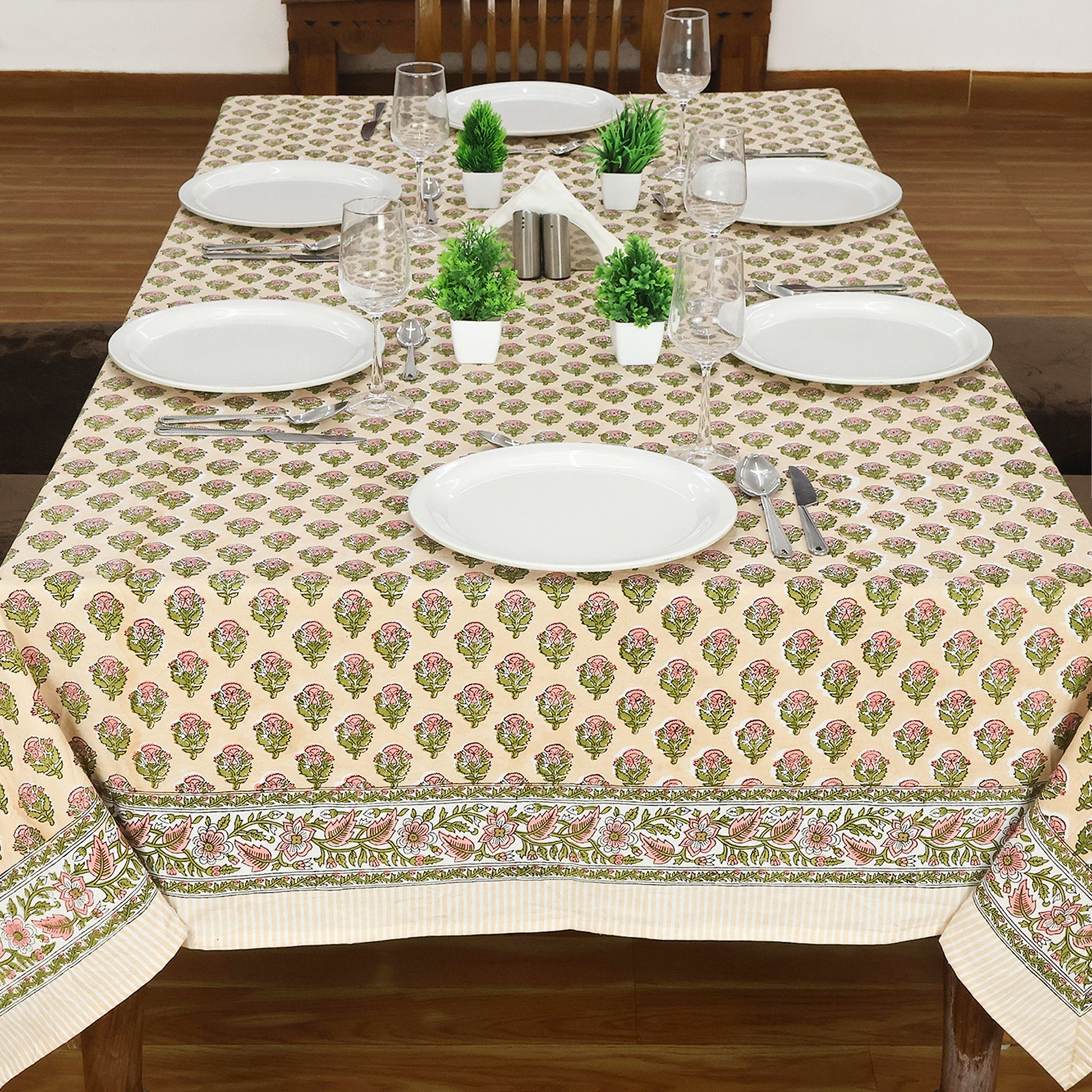 Hand Block Printed Floral Pink Orange Cotton Rectangle Tablecloth - My Store