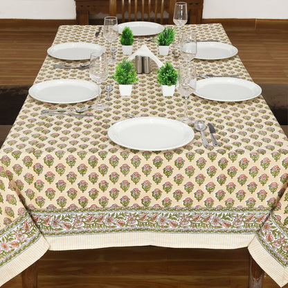 Hand Block Printed Floral Pink Orange Cotton Rectangle Tablecloth - My Store