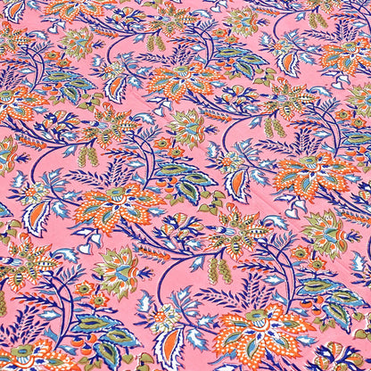 Pink and Blue Indian Block Floral Print 100% Pure Cotton Cloth Tablecloth - My Store