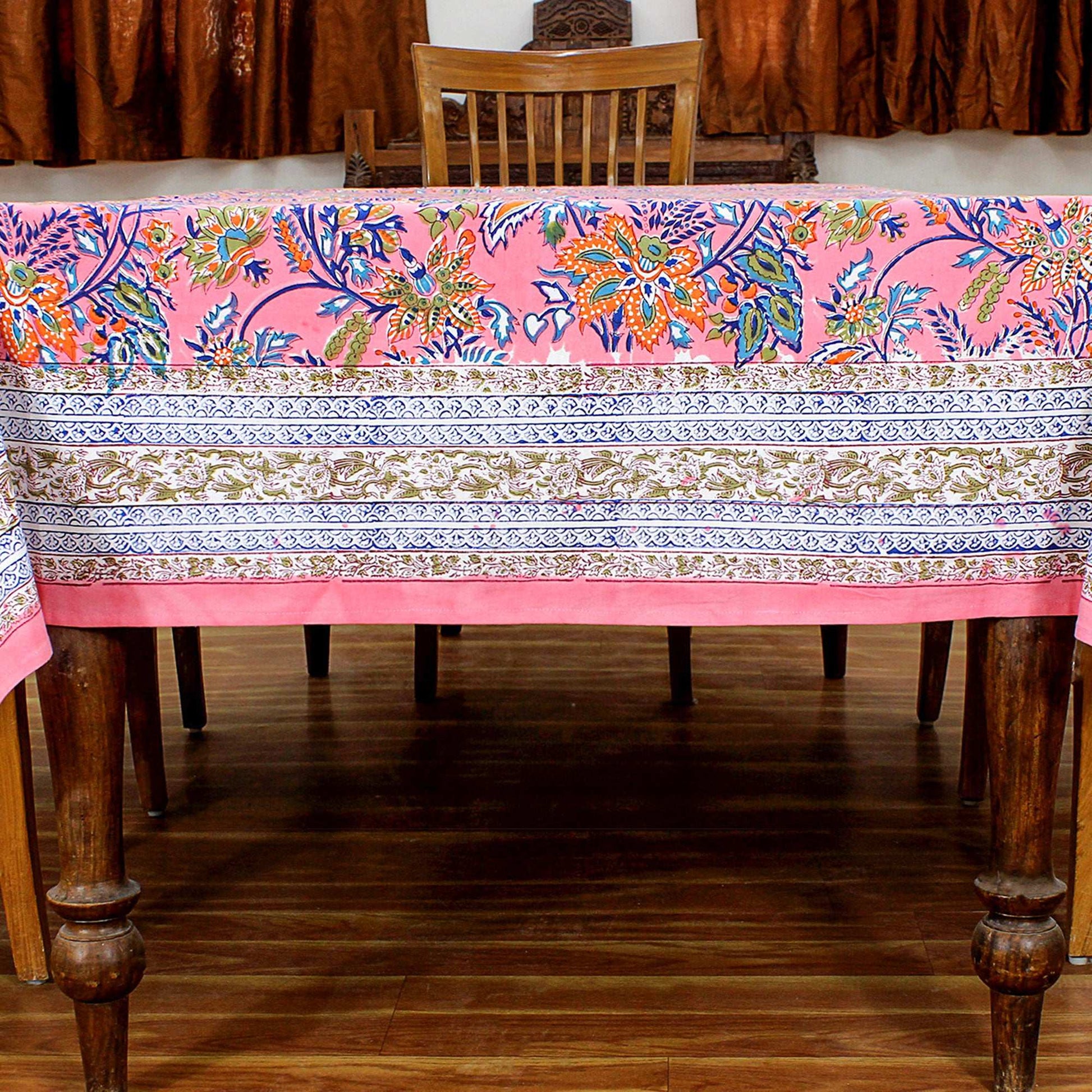 Pink and Blue Indian Block Floral Print 100% Pure Cotton Cloth Tablecloth - My Store