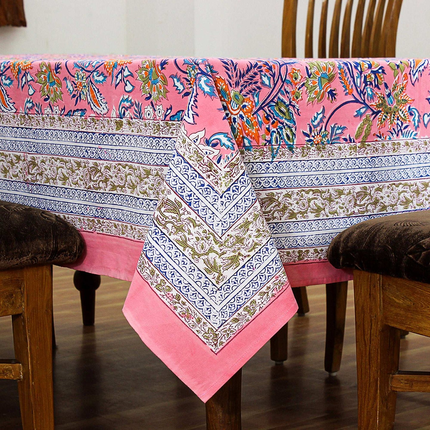 Pink and Blue Indian Block Floral Print 100% Pure Cotton Cloth Tablecloth - My Store