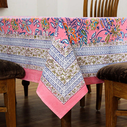 Pink and Blue Indian Block Floral Print 100% Pure Cotton Cloth Tablecloth - My Store