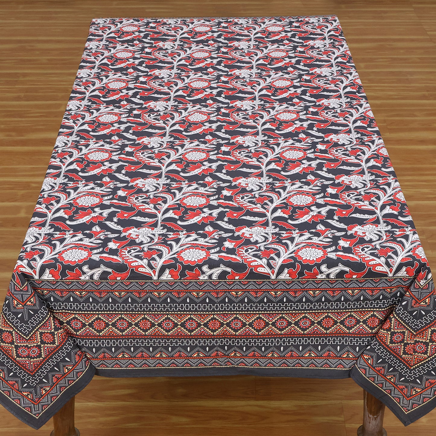 Red White Block Printed Cotton Tablecloth Rectangle Dinning Decor Table Linens - My Store