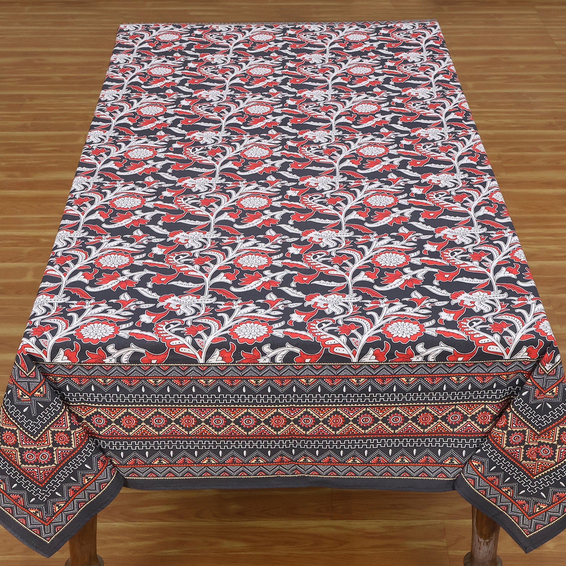 Red White Block Printed Cotton Tablecloth Rectangle Dinning Decor Table Linens - My Store