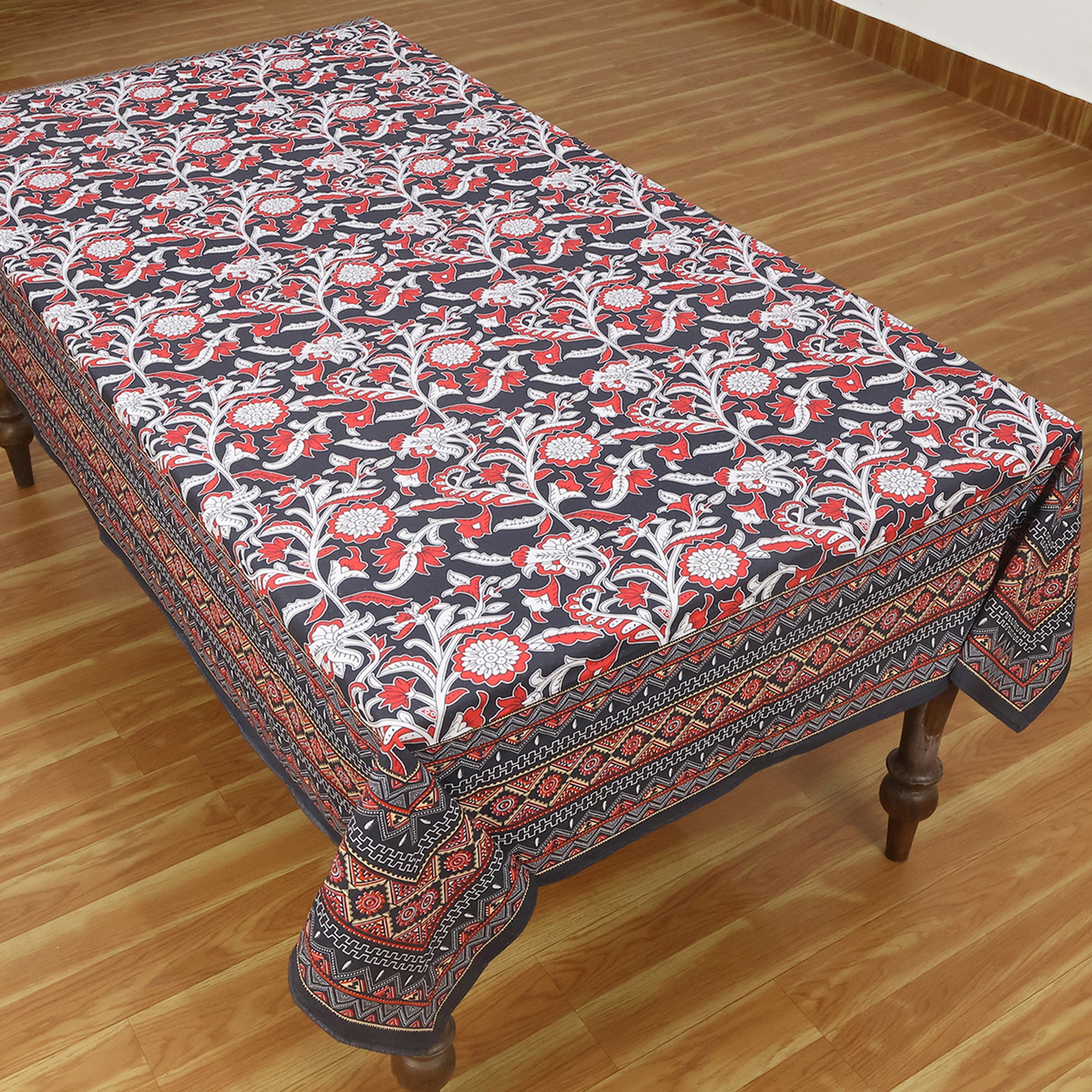 Red White Block Printed Cotton Tablecloth Rectangle Dinning Decor Table Linens - My Store