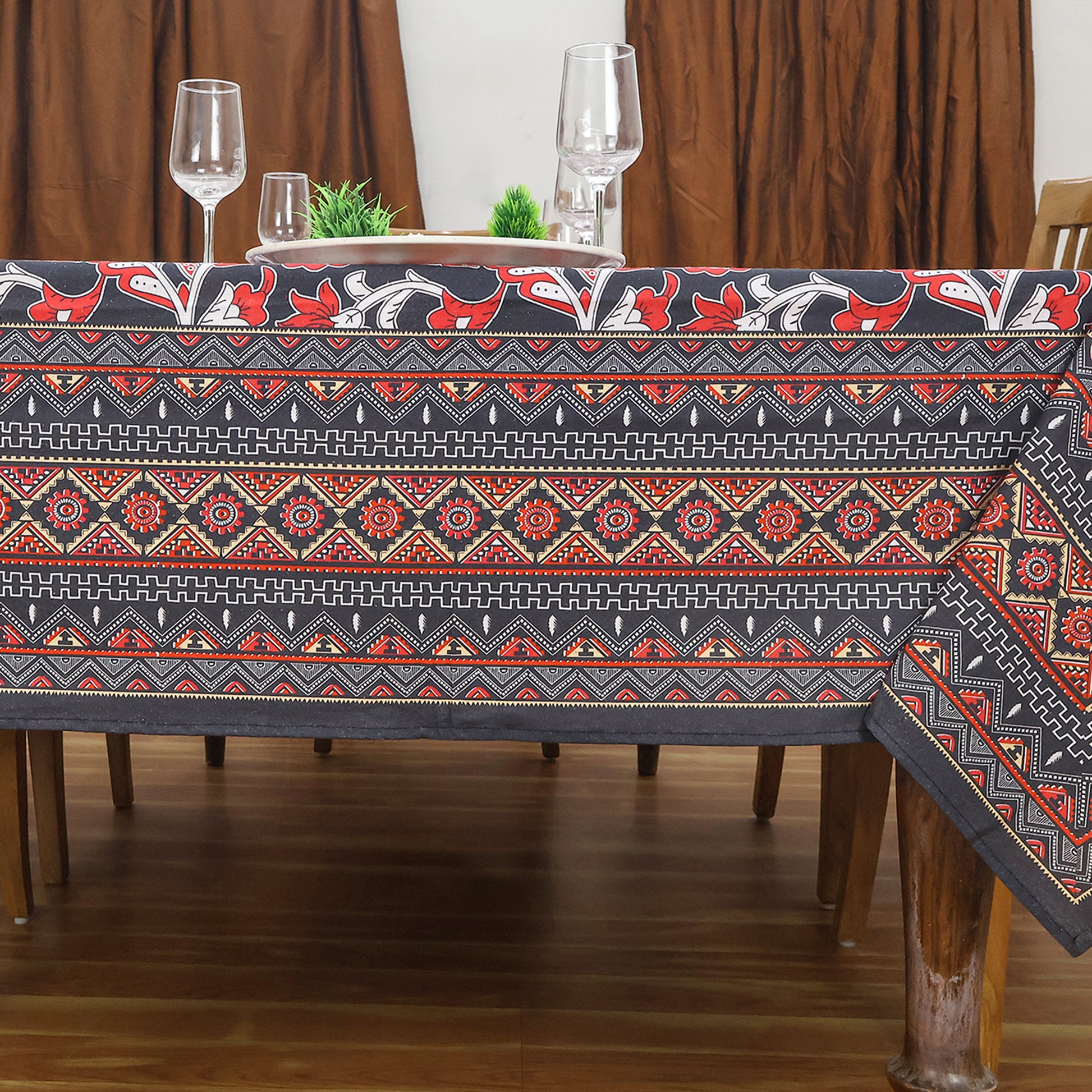 Red White Block Printed Cotton Tablecloth Rectangle Dinning Decor Table Linens - My Store