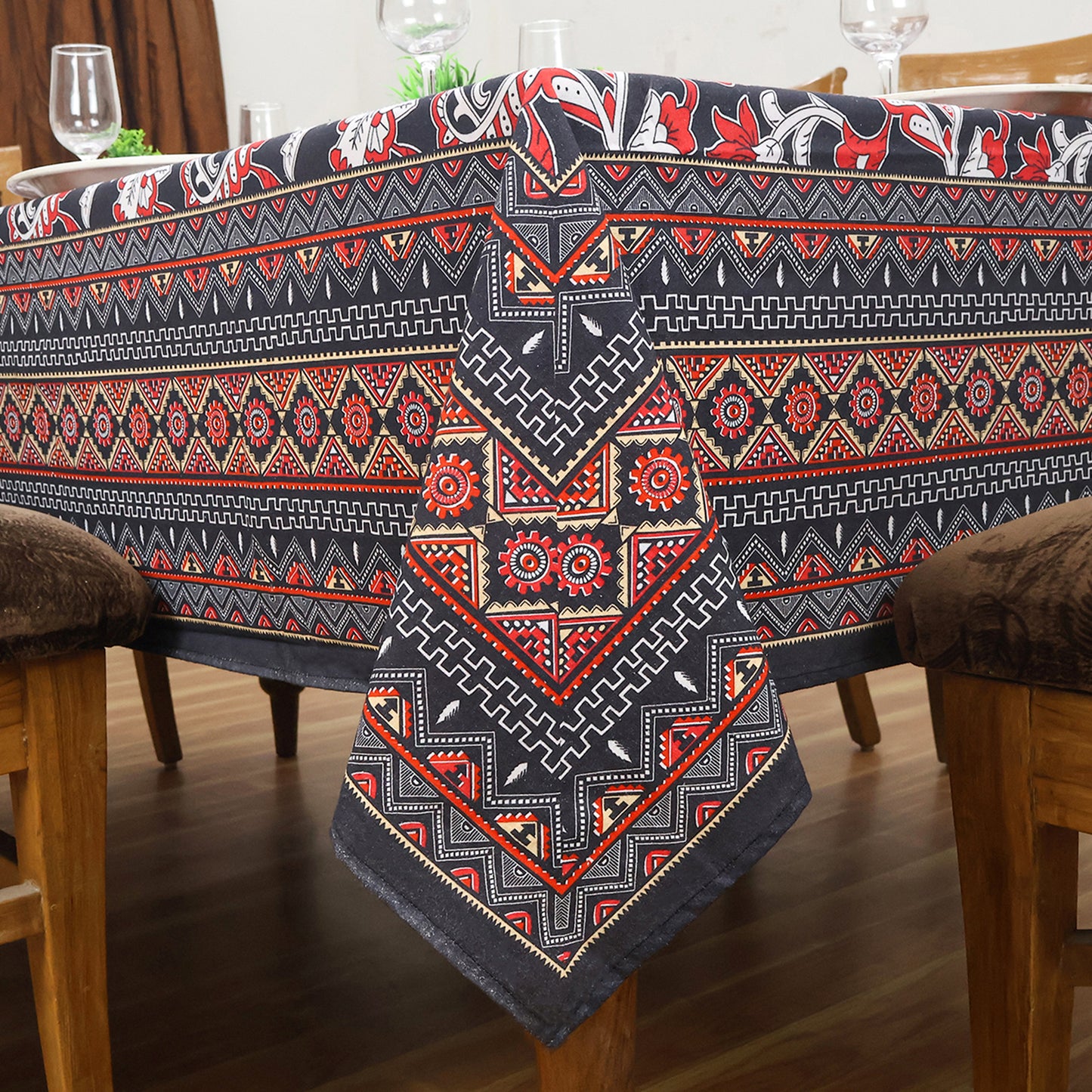 Red White Block Printed Cotton Tablecloth Rectangle Dinning Decor Table Linens - My Store