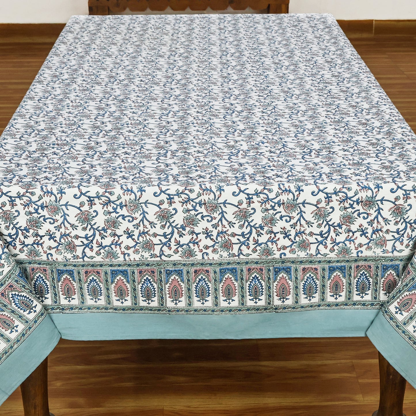 Floral Cotton Grey and White Hand Block Printed Rectangle Tablecloth - My Store