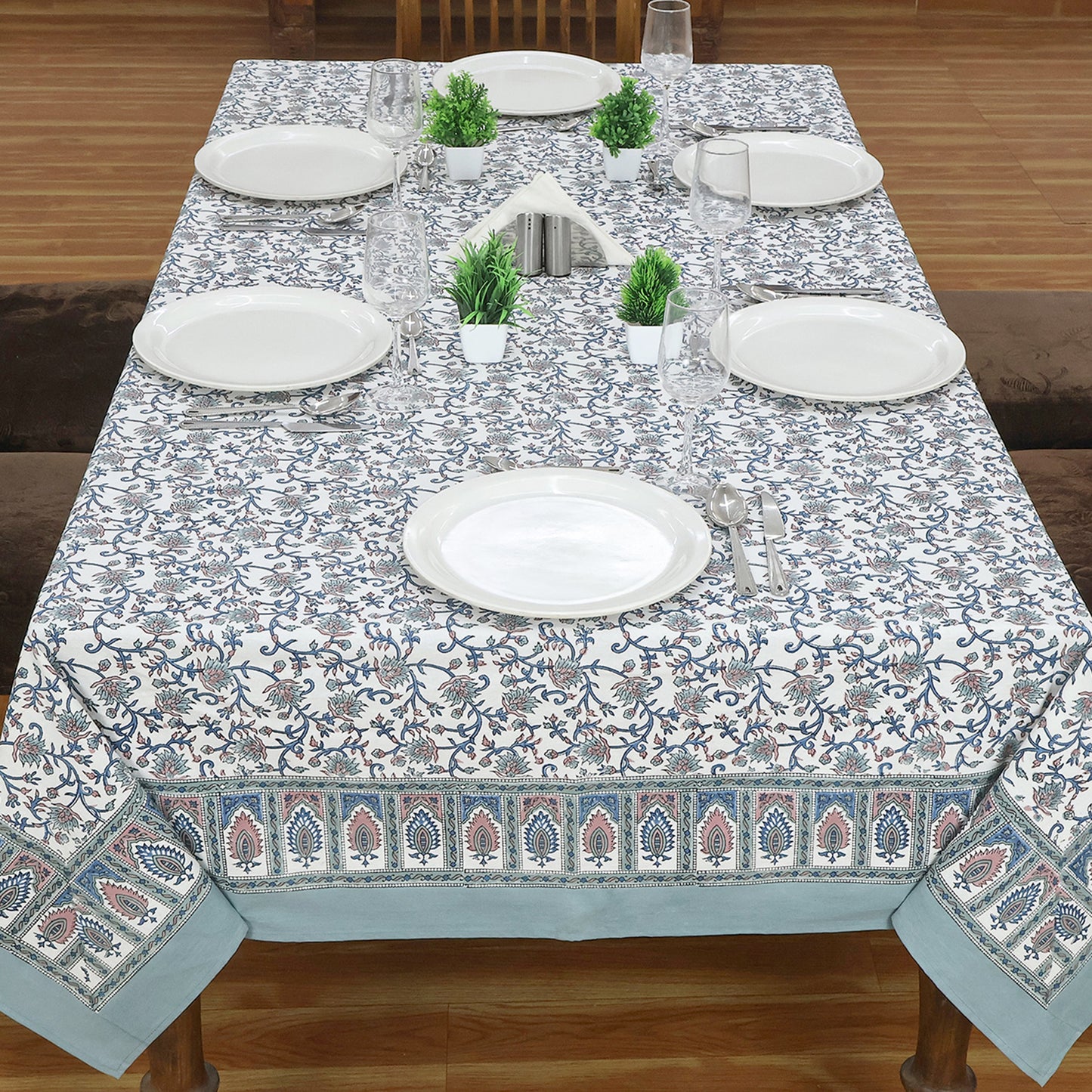 Floral Cotton Grey and White Hand Block Printed Rectangle Tablecloth - My Store