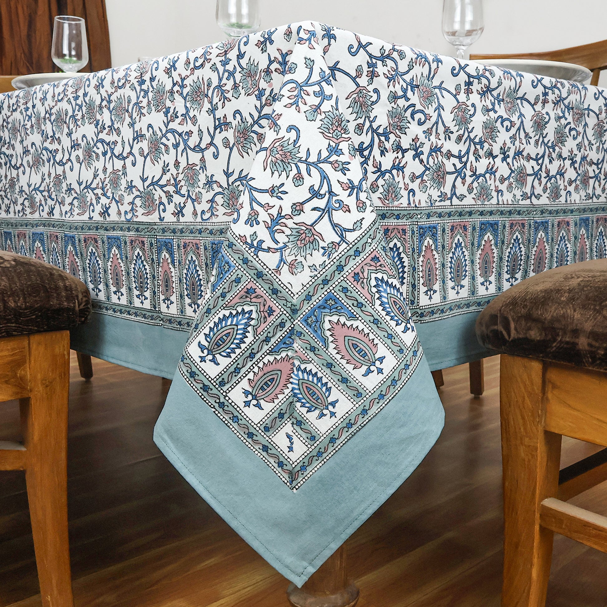 Floral Cotton Grey and White Hand Block Printed Rectangle Tablecloth - My Store