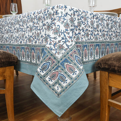Floral Cotton Grey and White Hand Block Printed Rectangle Tablecloth - My Store