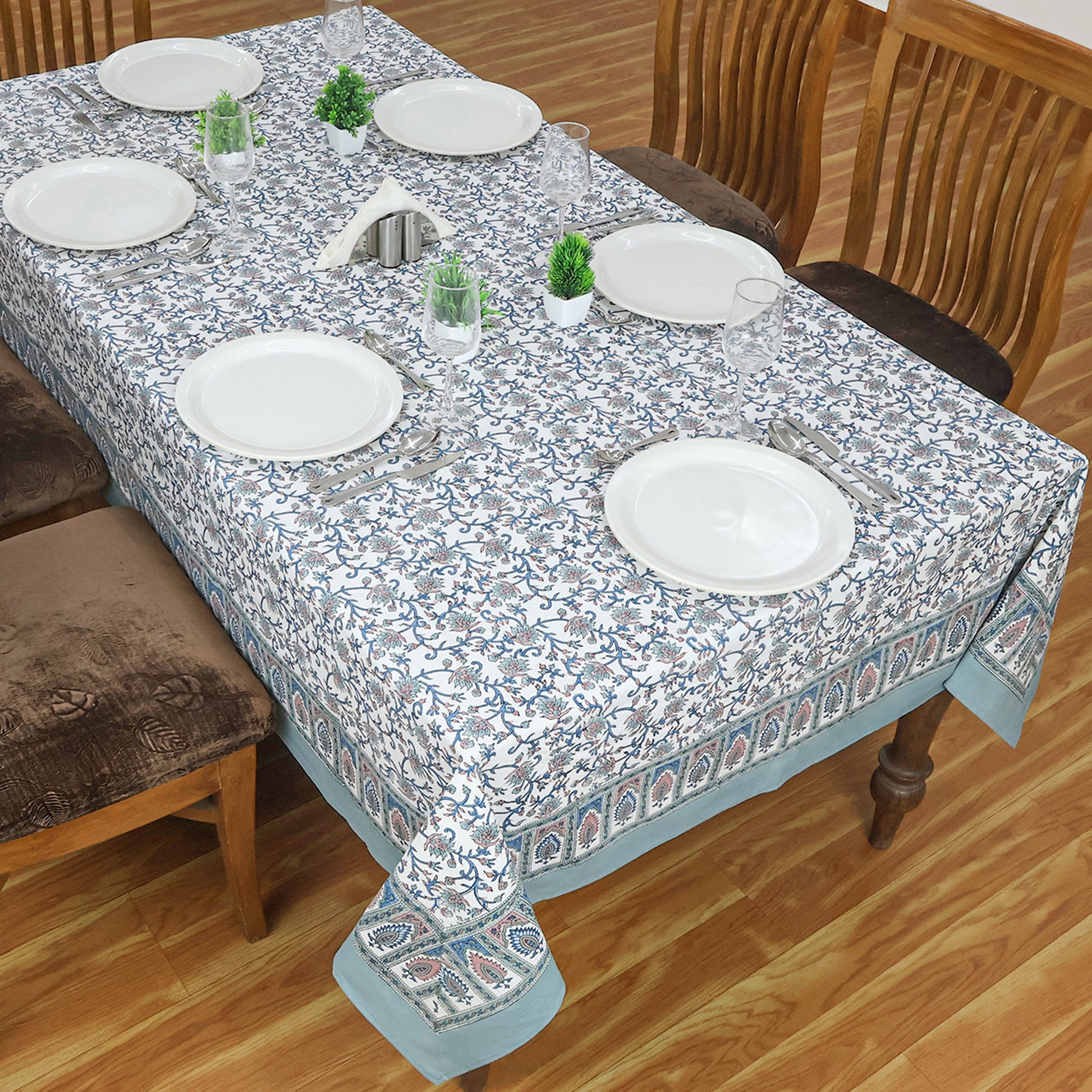 Floral Cotton Grey and White Hand Block Printed Rectangle Tablecloth - My Store