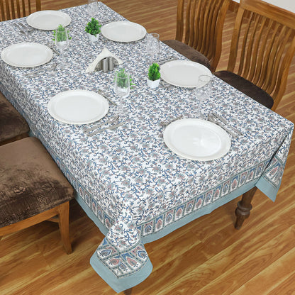 Floral Cotton Grey and White Hand Block Printed Rectangle Tablecloth - My Store