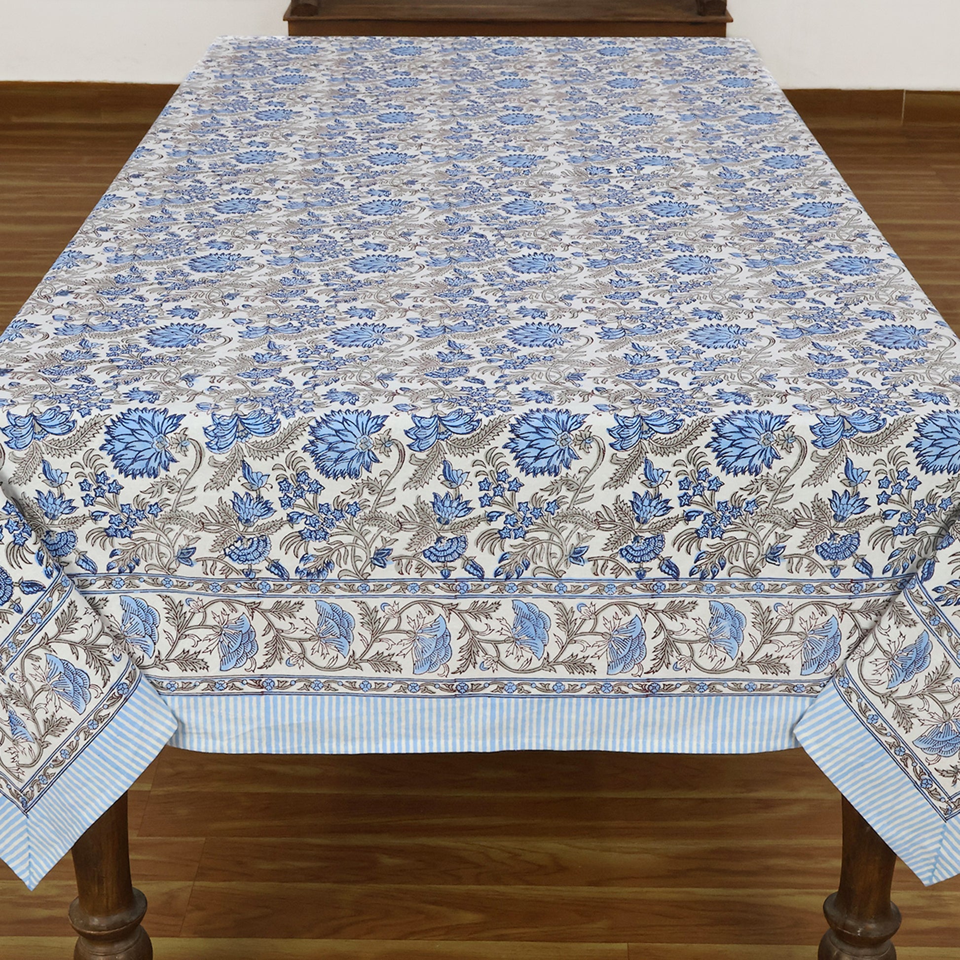 Blue and White Indian Floral Hand Block Printed Cotton Tablecloth, Table Cover - My Store
