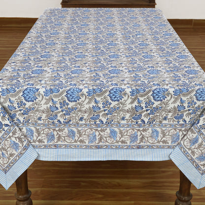 Blue and White Indian Floral Hand Block Printed Cotton Tablecloth, Table Cover - My Store