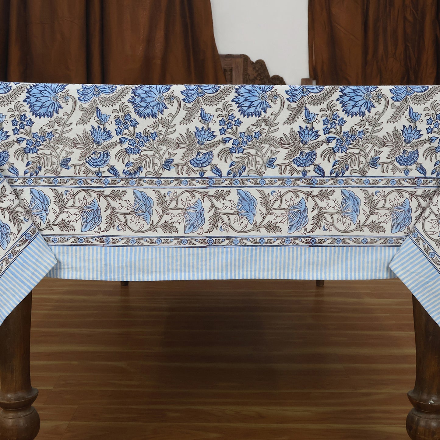 Blue and White Indian Floral Hand Block Printed Cotton Tablecloth, Table Cover - My Store
