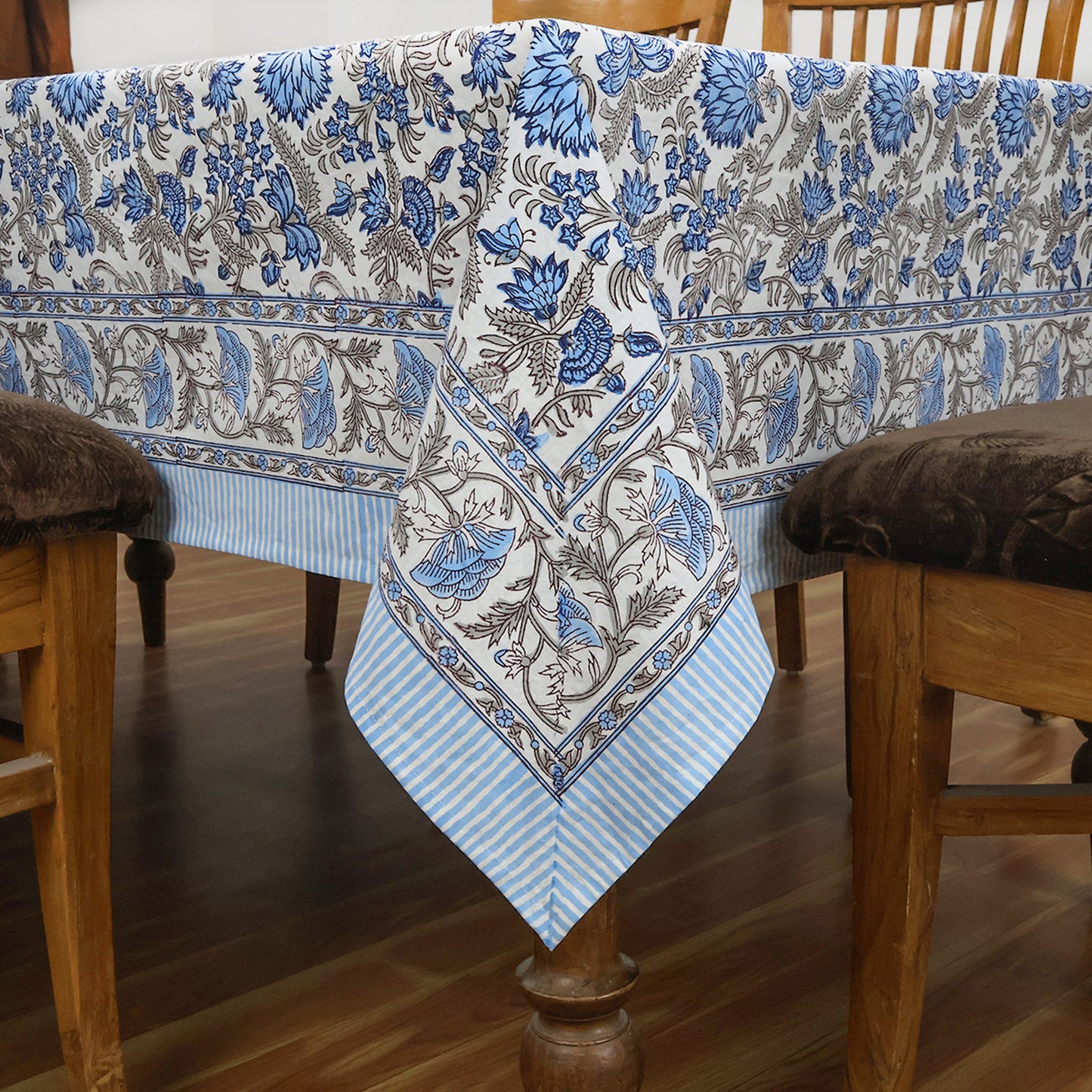 Blue and White Indian Floral Hand Block Printed Cotton Tablecloth, Table Cover - My Store