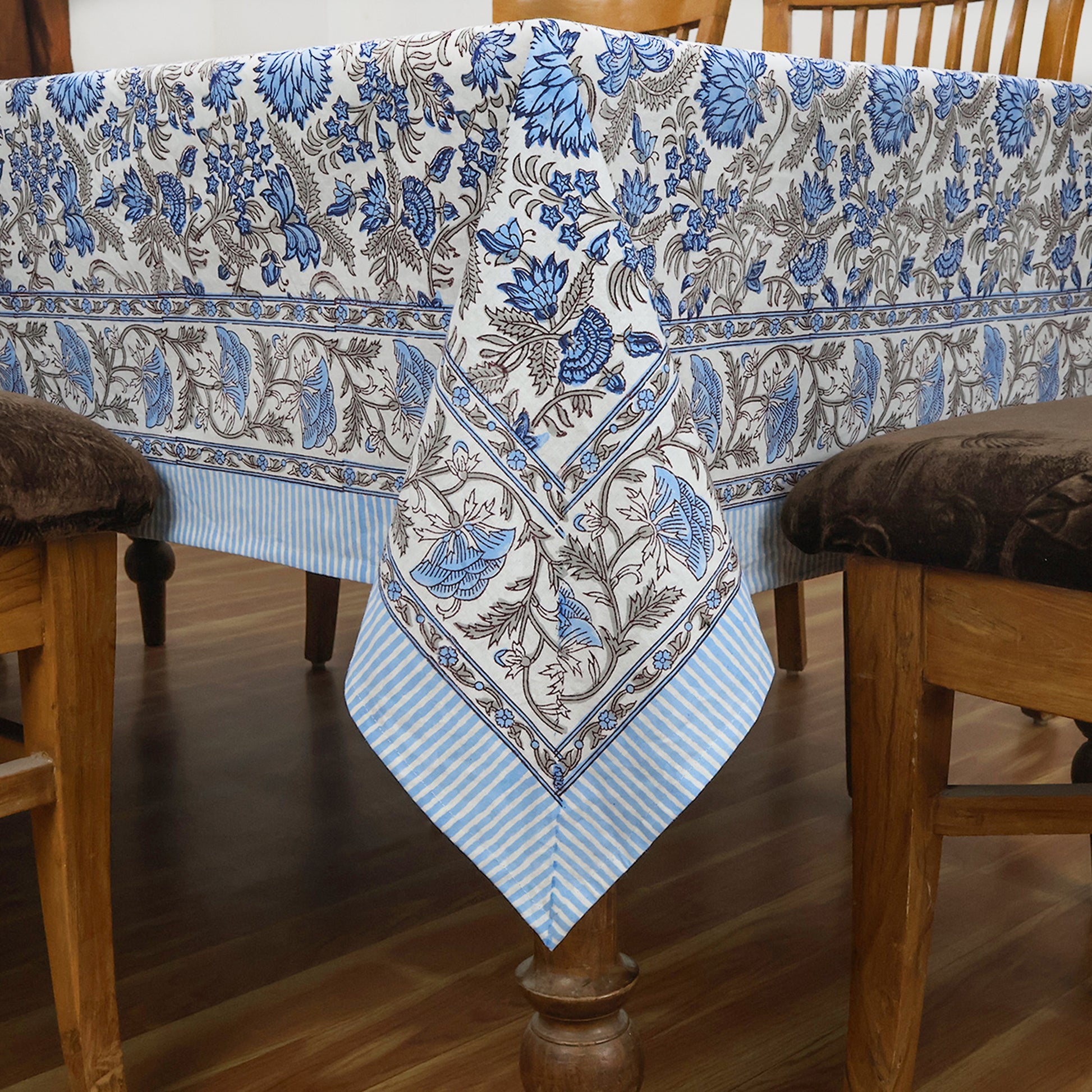 Blue and White Indian Floral Hand Block Printed Cotton Tablecloth, Table Cover - My Store