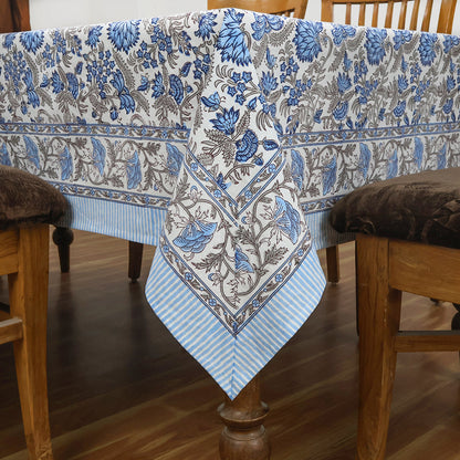 Blue and White Indian Floral Hand Block Printed Cotton Tablecloth, Table Cover - My Store