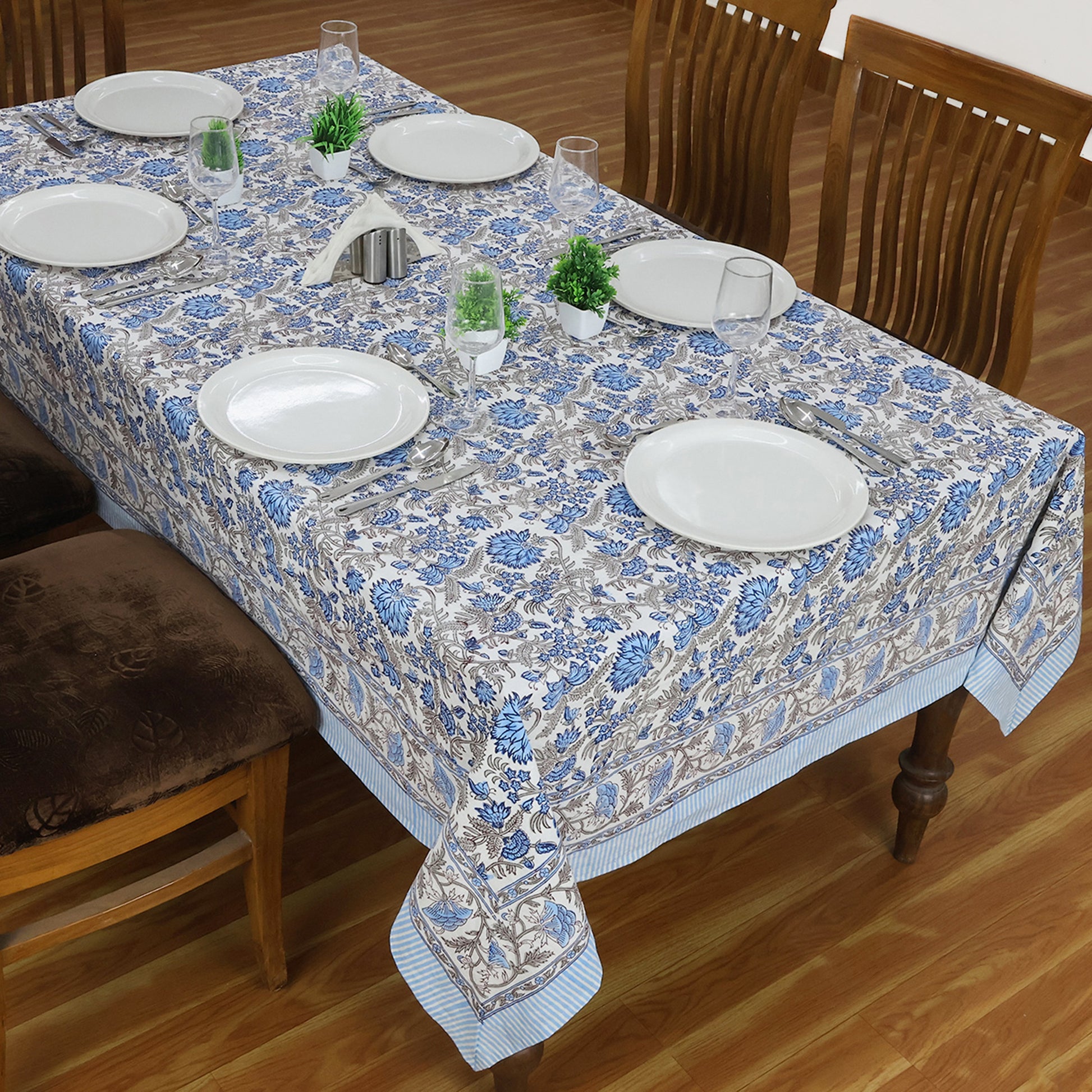 Blue and White Indian Floral Hand Block Printed Cotton Tablecloth, Table Cover - My Store