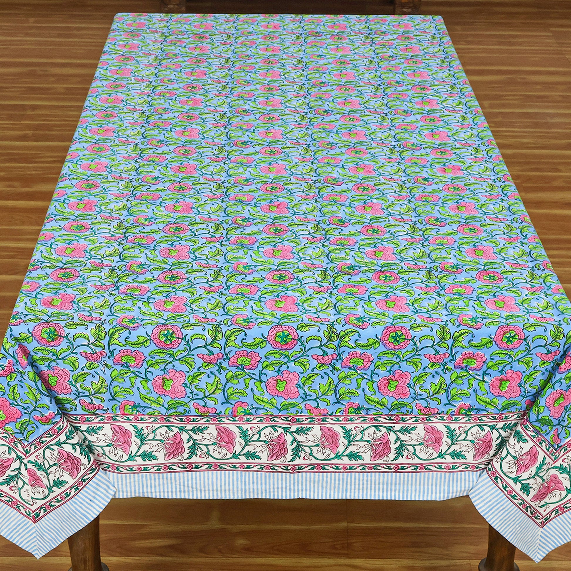 Indian Hand Block Printed Cotton Blue and Pink Rectangle Tablecloth - My Store