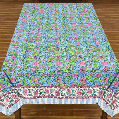 Indian Hand Block Printed Cotton Blue and Pink Rectangle Tablecloth - My Store