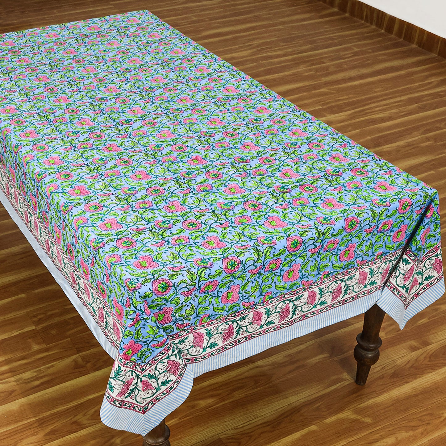 Indian Hand Block Printed Cotton Blue and Pink Rectangle Tablecloth - My Store