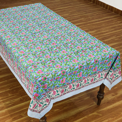 Indian Hand Block Printed Cotton Blue and Pink Rectangle Tablecloth - My Store