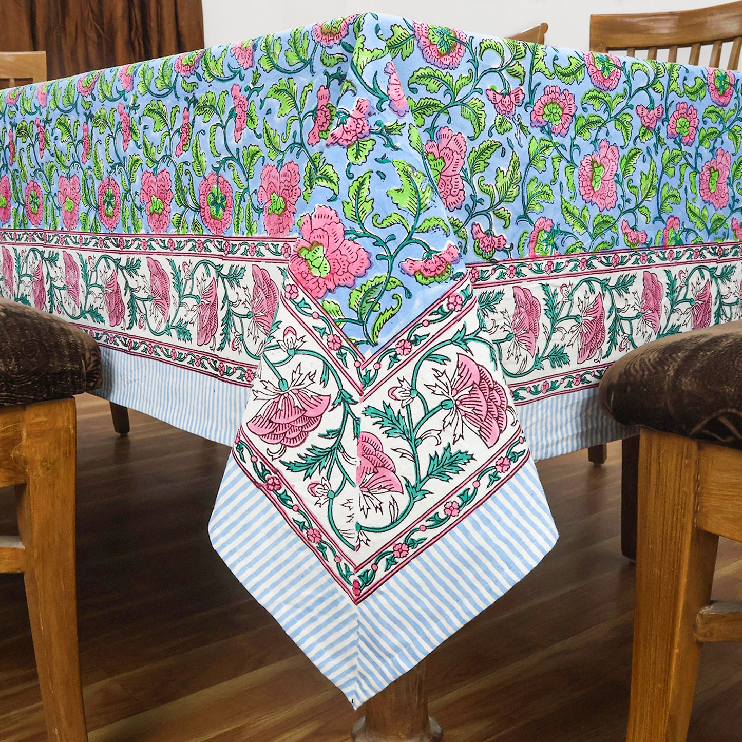 Indian Hand Block Printed Cotton Blue and Pink Rectangle Tablecloth - My Store