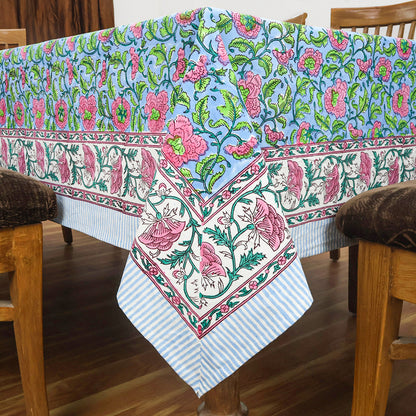 Indian Hand Block Printed Cotton Blue and Pink Rectangle Tablecloth - My Store