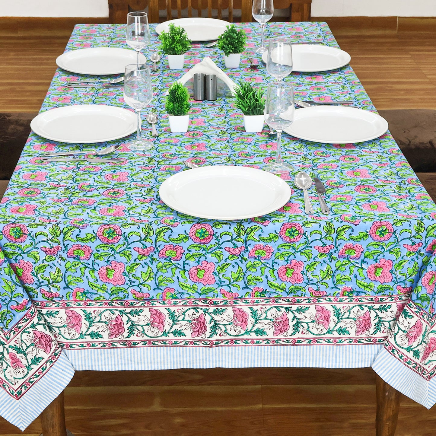 Indian Hand Block Printed Cotton Blue and Pink Rectangle Tablecloth - My Store
