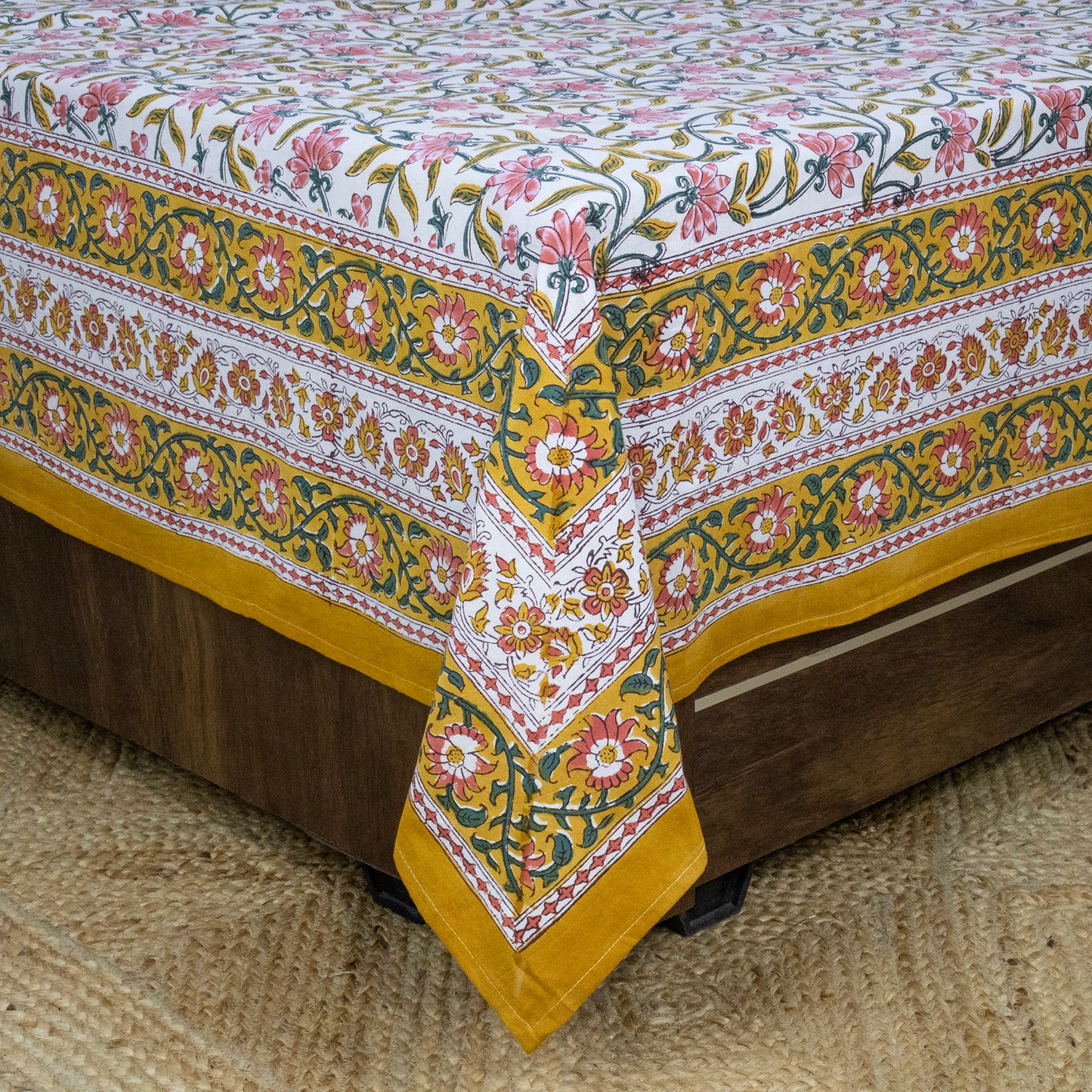 Indian Handmade Block Printed Yellow and Pink Floral Pattern Cotton Bed sheet For living Room, Kids Room - My Store