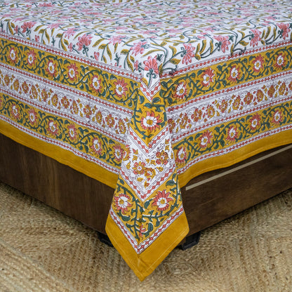 Indian Handmade Block Printed Yellow and Pink Floral Pattern Cotton Bed sheet For living Room, Kids Room - My Store