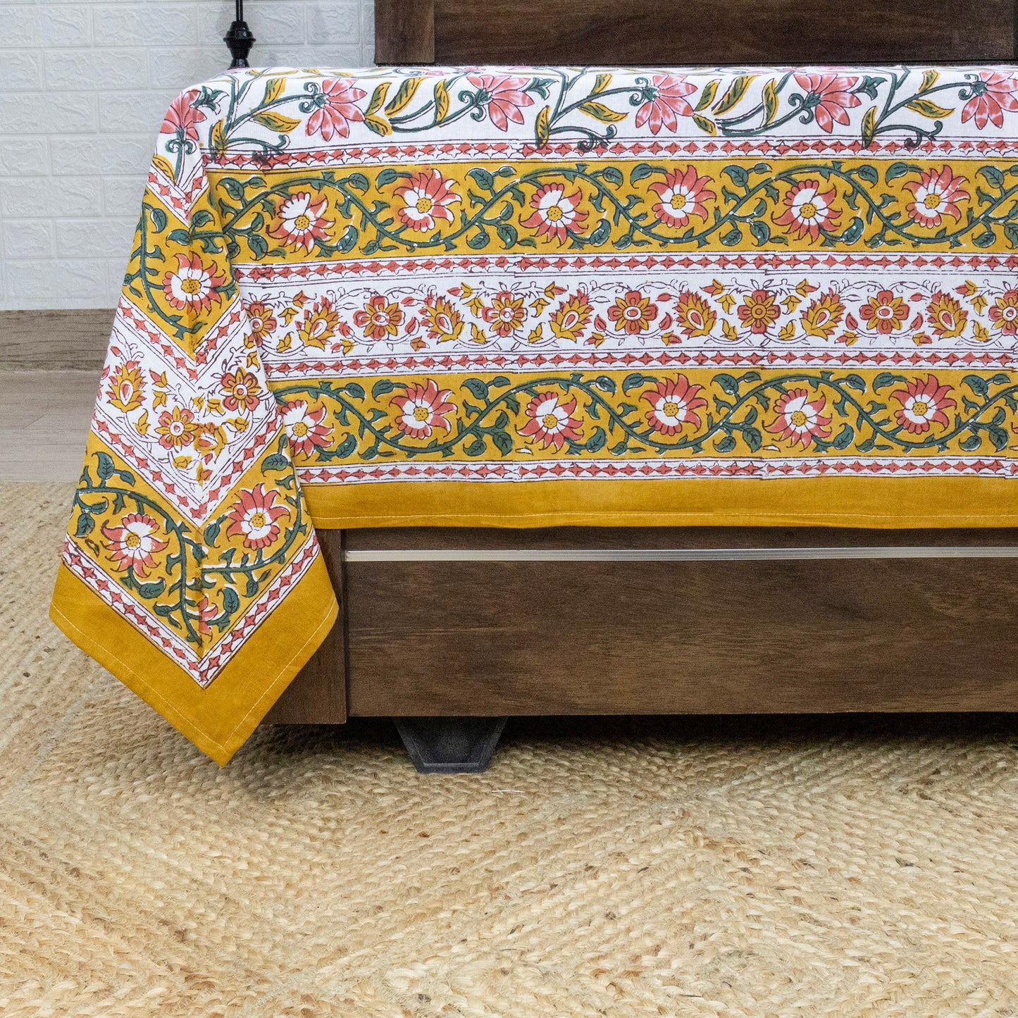 Indian Handmade Block Printed Yellow and Pink Floral Pattern Cotton Bed sheet For living Room, Kids Room - My Store