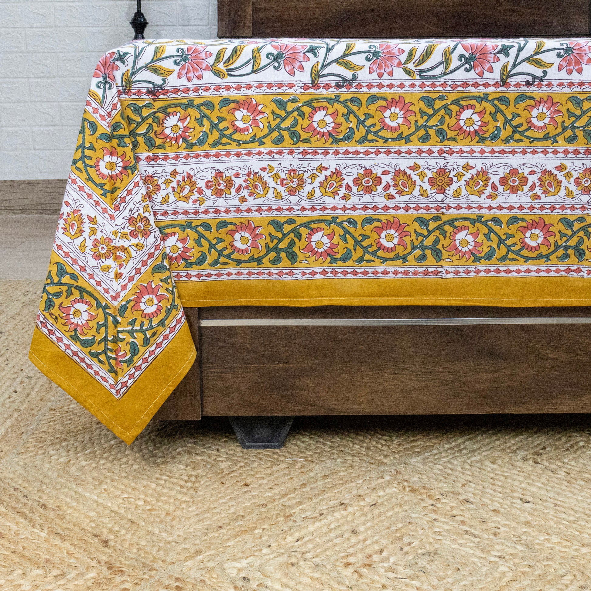 Indian Handmade Block Printed Yellow and Pink Floral Pattern Cotton Bed sheet For living Room, Kids Room - My Store