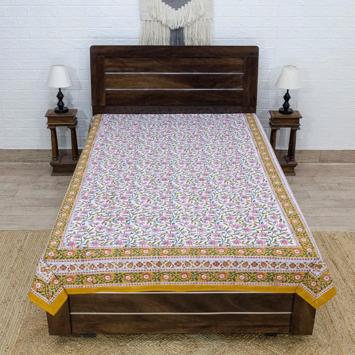 Indian Handmade Block Printed Yellow and Pink Floral Pattern Cotton Bed sheet For living Room, Kids Room - My Store