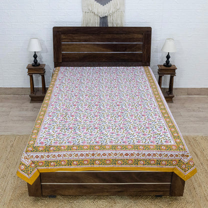 Indian Handmade Block Printed Yellow and Pink Floral Pattern Cotton Bed sheet For living Room, Kids Room - My Store