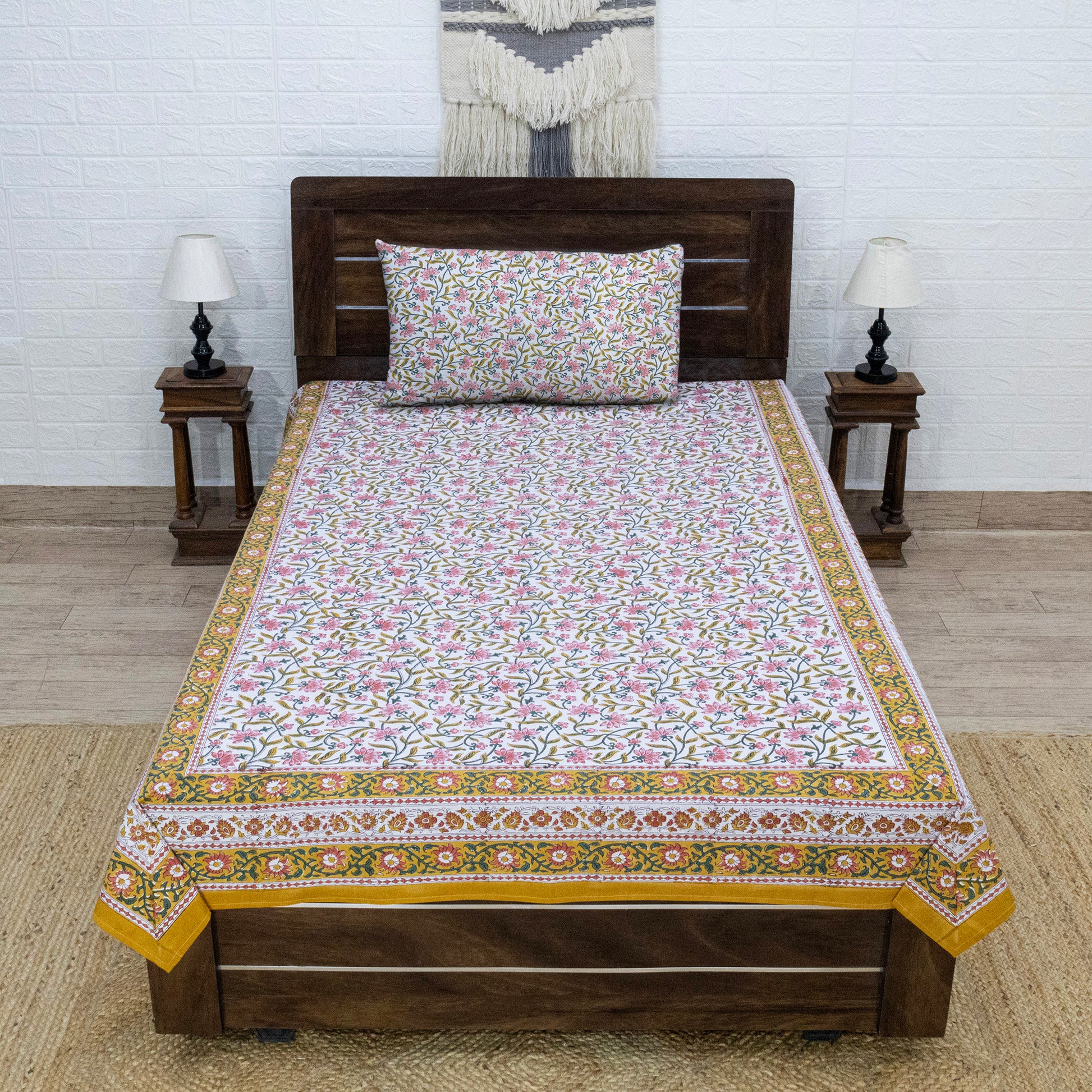 Indian Handmade Block Printed Yellow and Pink Floral Pattern Cotton Bed sheet For living Room, Kids Room - My Store