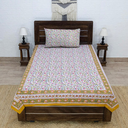 Indian Handmade Block Printed Yellow and Pink Floral Pattern Cotton Bed sheet For living Room, Kids Room - My Store